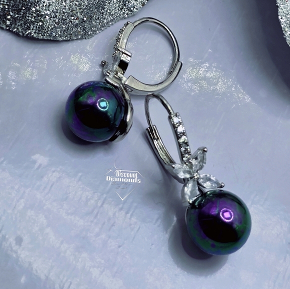 10mm Black Rainbow South Sea Shell Pearl & White Baguette Diamond Earrings 925 - Picture 9 of 12